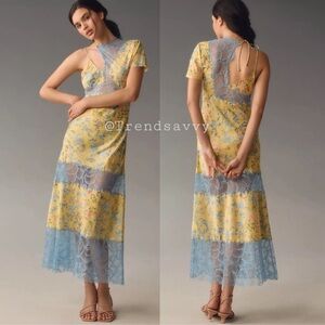 Anthropologie Geisha Designs Yellow Blue Lace Floral Maxi Dress Size M NWT